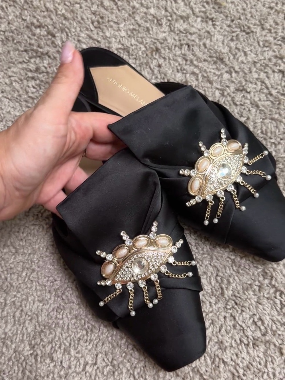 ANTONIO MELANI Black Satin Jeweled Pointed Mules